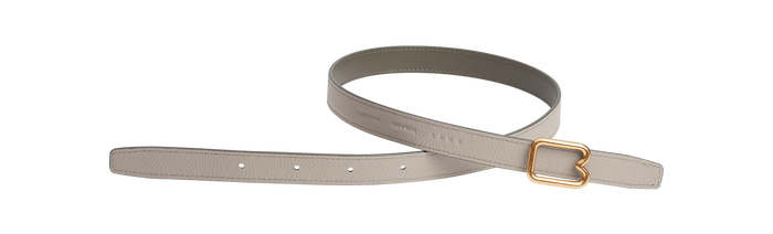 A reversible BOYY calfskin leather belt, one side kalamata and the other gres, featuring a removable signature brass B-shaped buckle