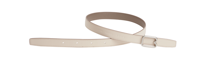 A reversible BOYY calfskin leather belt, one side linen and the other walnut, featuring a removable signature brass B-shaped buckle