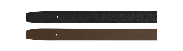 A reversible BOYY calfskin leather belt, one side toffee and the other black, featuring a removable signature brass B-shaped buckle