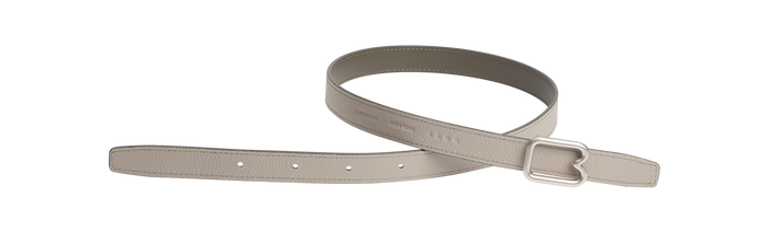 A reversible BOYY calfskin leather belt, one side kalamata and the other gres, featuring a removable signature brass B-shaped buckle