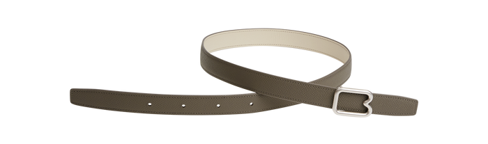 A reversible BOYY calfskin leather belt, one side linen and the other walnut, featuring a removable signature brass B-shaped buckle
