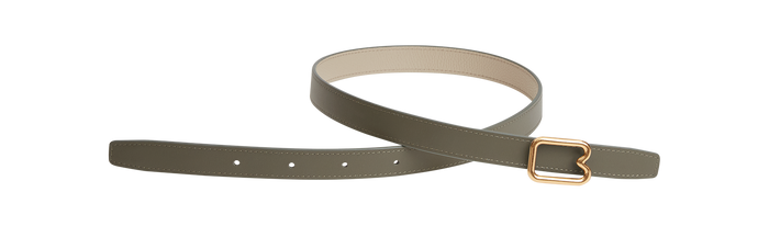 A reversible BOYY calfskin leather belt, one side kalamata and the other gres, featuring a removable signature brass B-shaped buckle