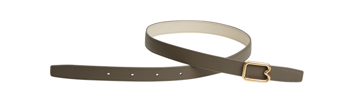 A reversible BOYY calfskin leather belt, one side linen and the other walnut, featuring a removable signature brass B-shaped buckle
