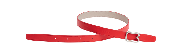A reversible BOYY calfskin leather belt, one side poppy red and the other hummus, featuring a removable signature brass B-shaped buckle