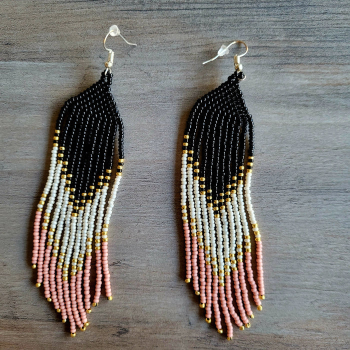 Black Cream Coral Beaded Ombre Fringe Earrings indigenous art gift by North of Fifty First Nations & Métis Art Boutique Canada