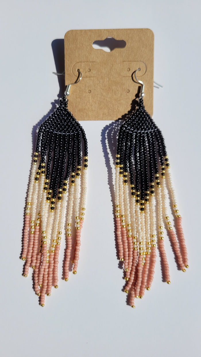 Black Cream Coral Beaded Ombre Fringe Earrings indigenous art gift by North of Fifty First Nations & Métis Art Boutique Canada