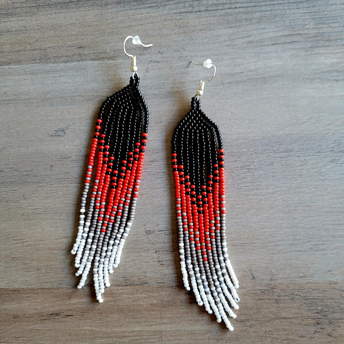Black Red Beaded Ombre Fringe Earrings indigenous art gift by North of Fifty First Nations & Métis Art Boutique Canada