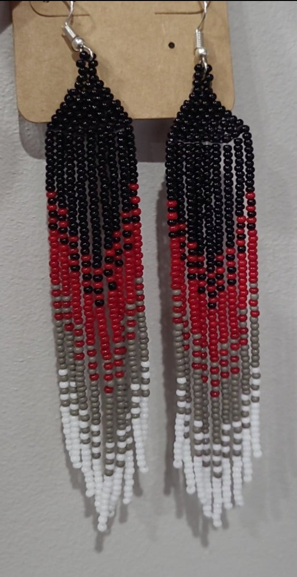 Black Red Beaded Ombre Fringe Earrings indigenous art gift by North of Fifty First Nations & Métis Art Boutique Canada