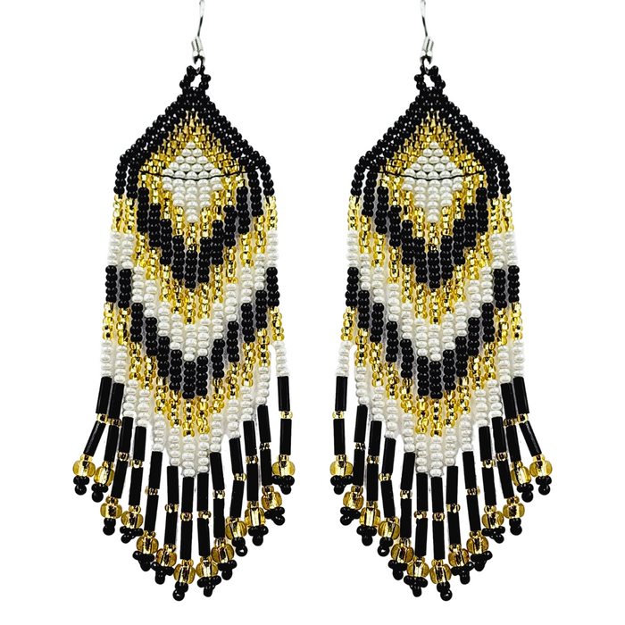 Black White and Gold Chevron Fringe Earrings indigenous art gift by North of Fifty First Nations & Métis Art Boutique Canada