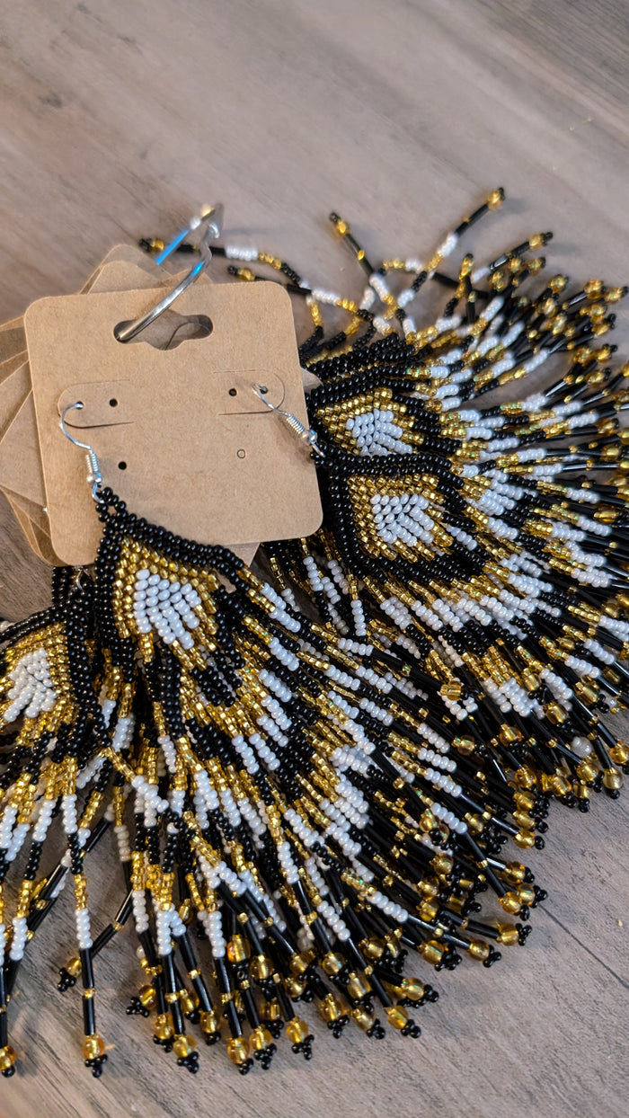 Black White and Gold Chevron Fringe Earrings indigenous art gift by North of Fifty First Nations & Métis Art Boutique Canada