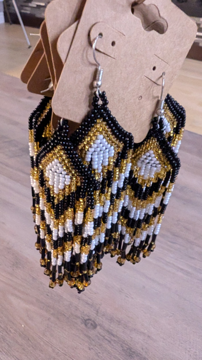 Black White and Gold Chevron Fringe Earrings indigenous art gift by North of Fifty First Nations & Métis Art Boutique Canada