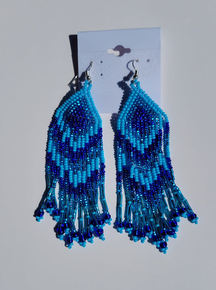 Blue Beaded Chevron Fringe Earrings indigenous art gift by North of Fifty First Nations & Métis Art Boutique Canada