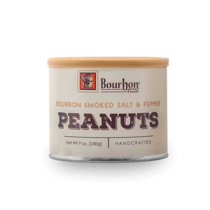 Can of Bourbon Smoked Salt & Pepper Peanuts by Bourbon Foods on a white background