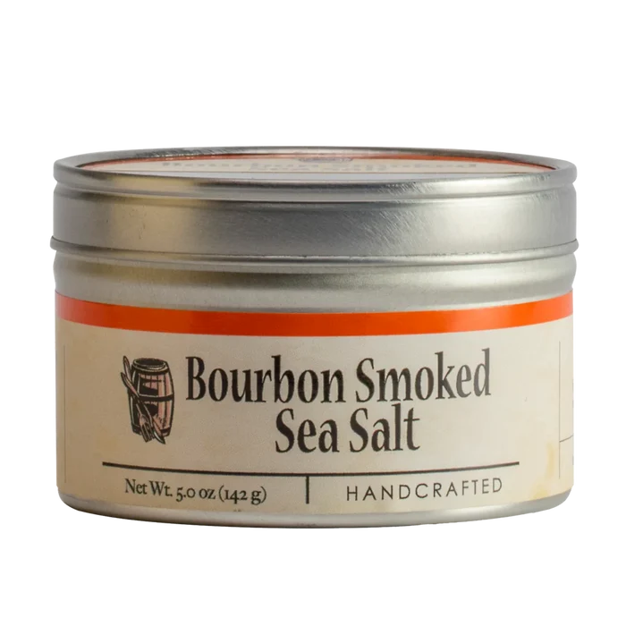 Tin of Bourbon Smoked Sea Salt on a white background