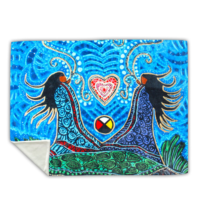 Breath of Life Faux Rabbit indigenous art blanket by Leah Dorion Canada