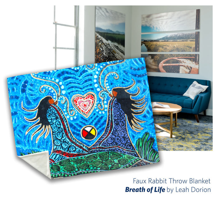 Breath of Life Faux Rabbit indigenous art blanket by Leah Dorion Canada