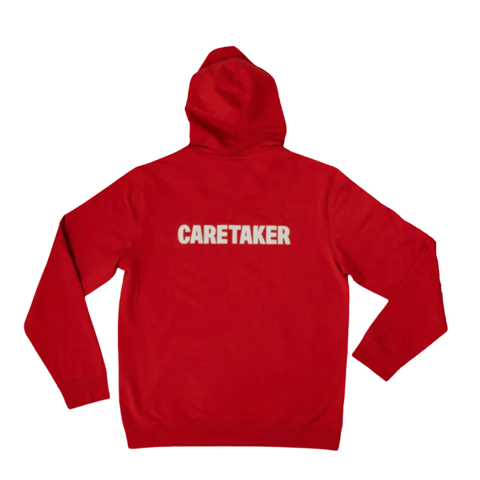 Back view of Caretaker Human hoodie showing white CARETAKER text on red fabric with white background