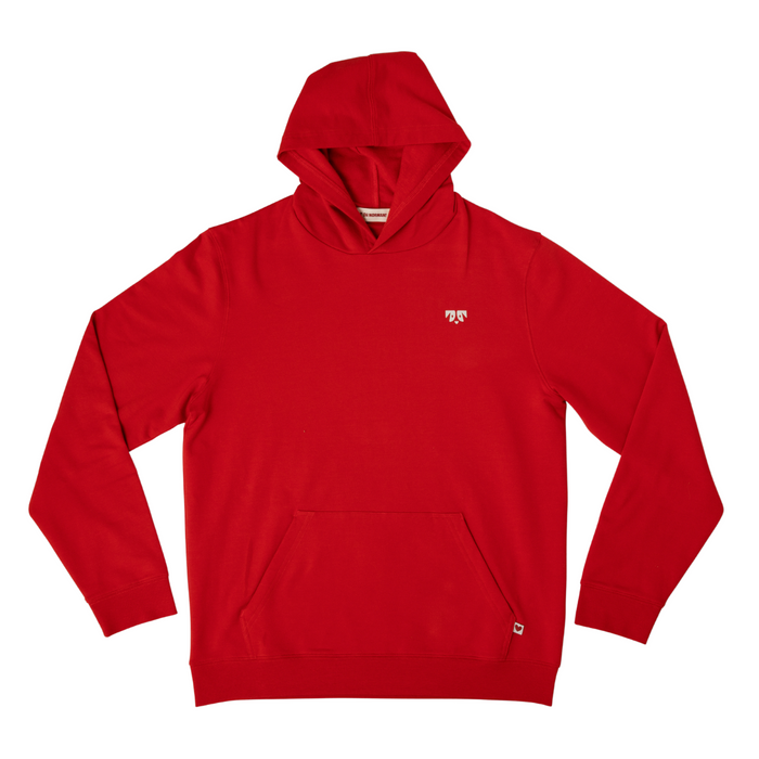 Flat lay of Caretaker Human Hoodie in ON Red showcasing hood, kangaroo pocket and small chest logo on white background