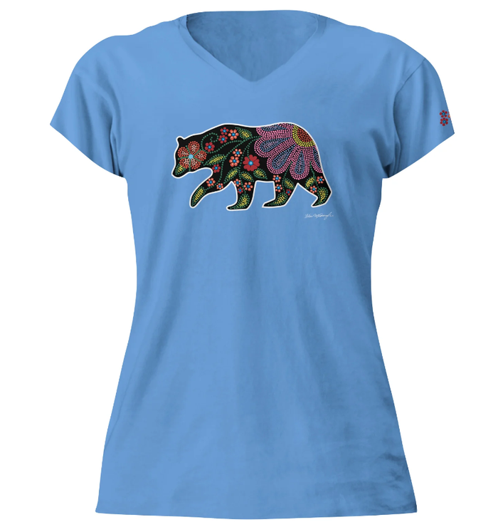 Celestial Bear, Women's Vneck Tshirt, by Kim McDonough indigenous art gift by Kim McDonough Canada