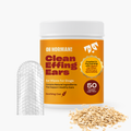 Front view of Clean Effing Ears ear wipes tub with orange label, 50-count badge, textured finger wipe and oats on white background