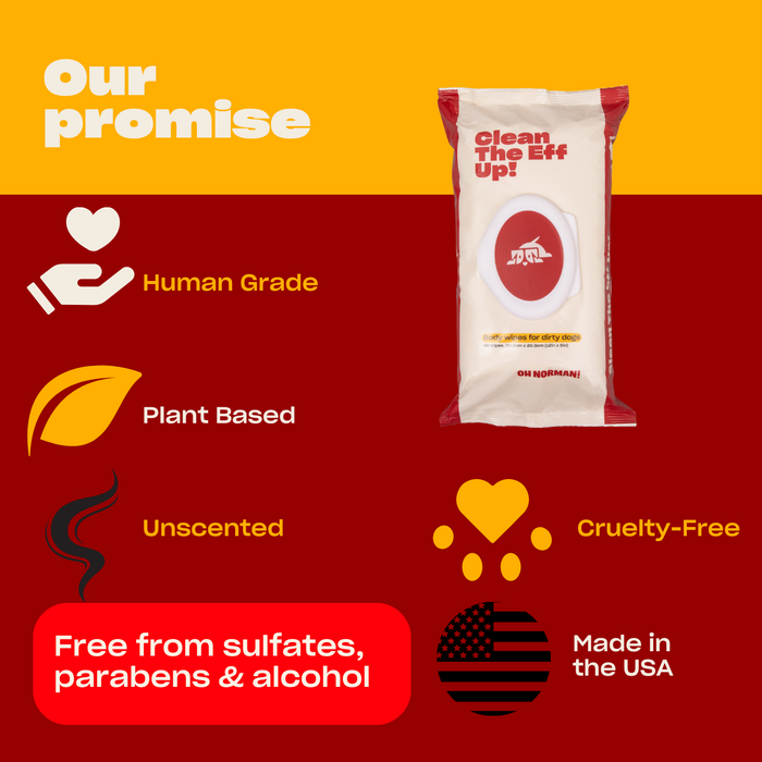 Infographic showing 'Our promise' and a pack of dog wipes with claims: Human Grade, Plant Based, Unscented, Cruelty Free
