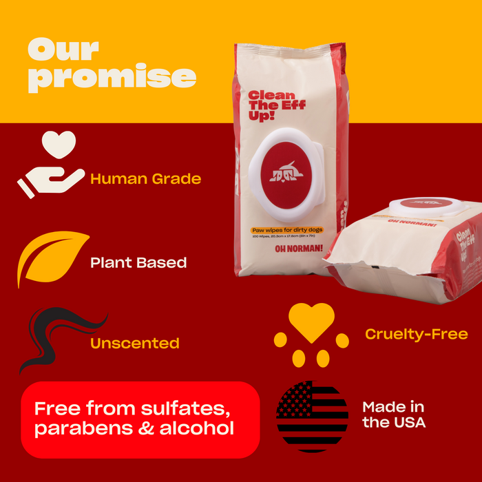 Clean The Eff Up! Paw Wipes For Dirty Dogs package with promise icons: human grade, plant-based, cruelty-free, free from sulfates, parabens & alcohol, made in the USA.