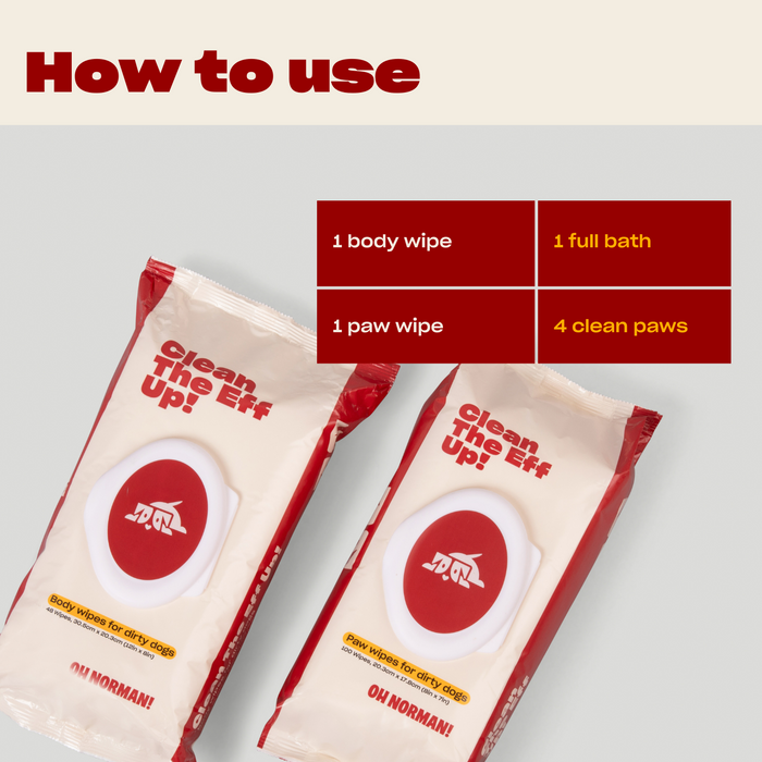 Two packets of Clean The Eff Up! Paw Wipes for dogs with usage instructions: 'How to use', '1. Remove wipe from packet', '2. Wipe paws', '3. Dispose properly'.
