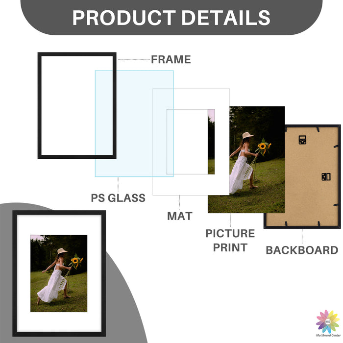 Clearance 12x16 Picture Frame for 8.5x11 Photo with White Mat and Plexiglass (16 Pcs per Box)
