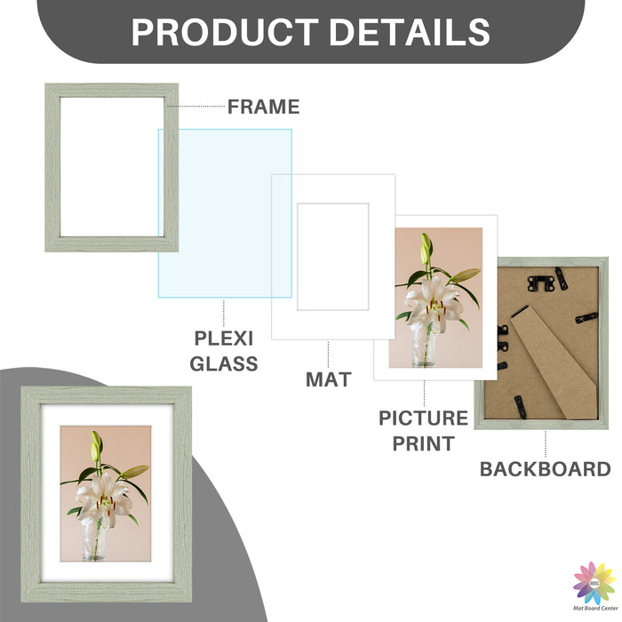 Clearance 6x8 Picture Frame for 4x6 Photo with White Mat and Plexiglass Light Grey (18 Pcs Per Box)
