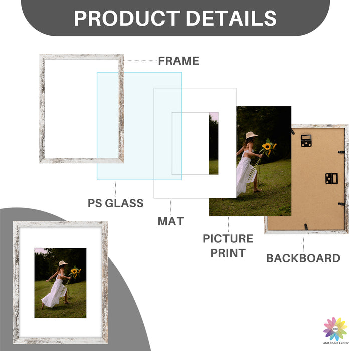 Clearance 9x12 Rustic White Picture Frame for 6x8 Photo with White Mat and Plexiglass (16 Pcs per Box)