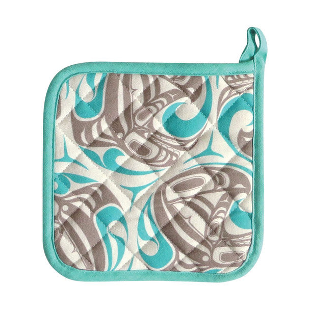 Cotton "Killer Whale" Pot Holder, design by Gitxsan artist, Trevor Angus indigenous art gift by Trevor Angus Canada
