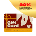 Front of Oh Norman! gift card, red and cream design; gold banner: We donate 20% of your card’s value to rescue dogs