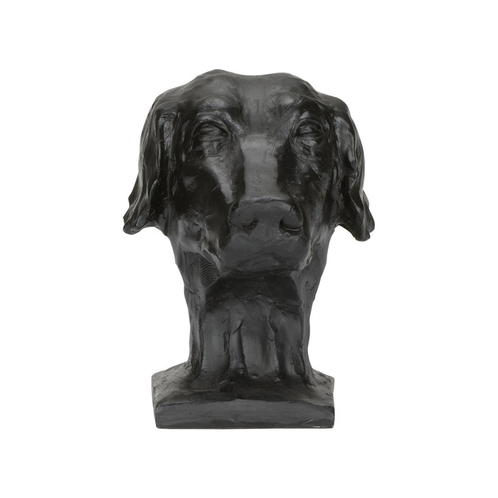 Black dog bust sculpture on a white background