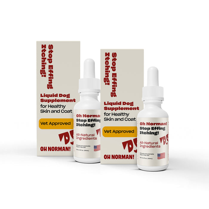 Two bottles and two boxes of Oh Norman! Stop Effing Itching! liquid dog supplement with Vet Approved badge
