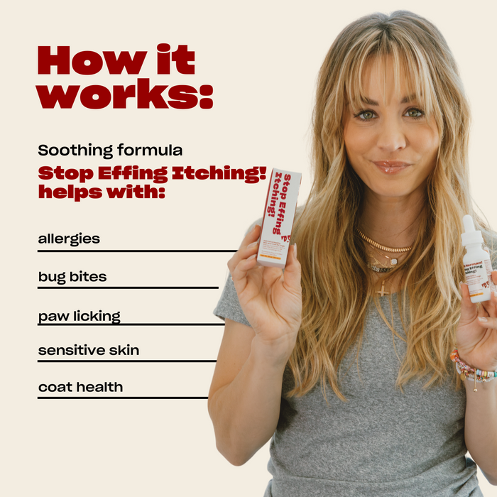 Actress Kaley Cuoco holding Stop Effing Itching! bottles with How it works headline and list of soothing benefits for allergies and skin