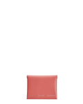 A coral red box calf leather card holder with grey goat skin lining, featuring two internal slots and a snap closure, made from a single piece pattern. The text “BOYY MILANO BANGKOK” is embossed in gold and silver on the front