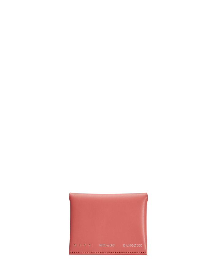 A coral red box calf leather card holder with grey goat skin lining, featuring two internal slots and a snap closure, made from a single piece pattern. The text “BOYY MILANO BANGKOK” is embossed in gold and silver on the front