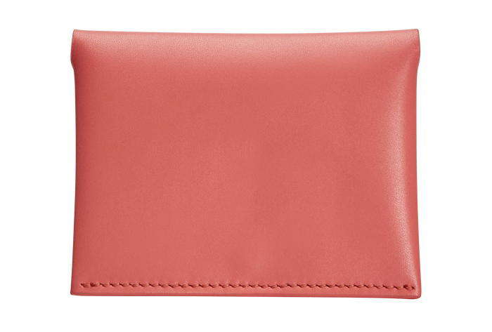 A coral red box calf leather card holder with grey goat skin lining, featuring two internal slots and a snap closure, made from a single piece pattern. The text “BOYY MILANO BANGKOK” is embossed in gold and silver on the front back