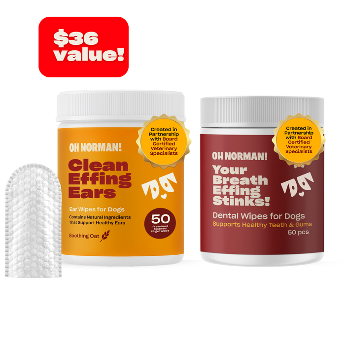 Front view of Easy AF Cleaning Bundle showing orange Clean Effing Ears ear wipes tub and maroon Your Breath Effing Stinks dental wipes tub for dogs (50-count) with textured finger wipe and red promotional 36 value badge on white background