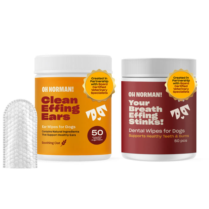 Front view of Easy AF Cleaning Bundle: tubs labeled ‘Clean Effing Ears’ and ‘Your Breath Effing Stinks’ with wipe on white