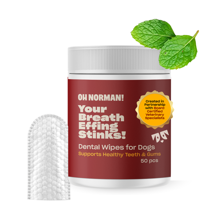 Front view of dental wipes for dogs with headline Your Breath Effing Stinks, mint leaves and finger wipe on white background