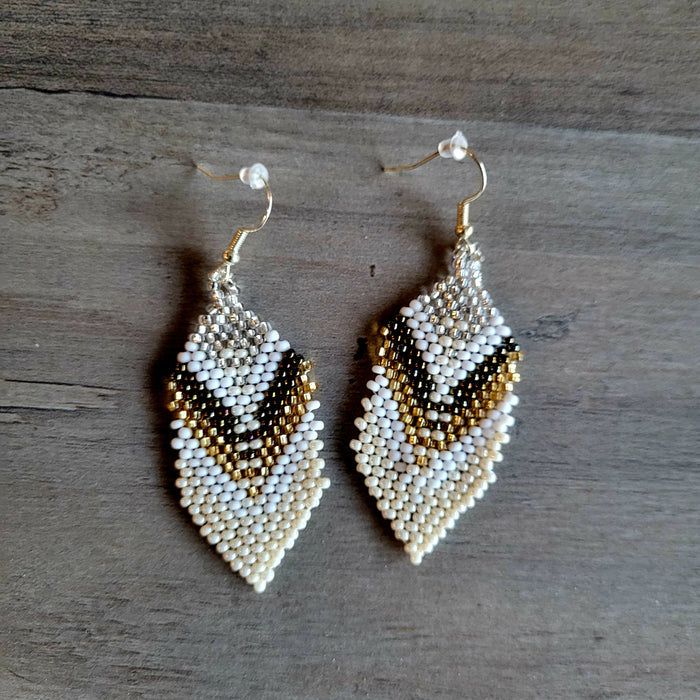 Elegant White and Cream Beaded Feather Earrings indigenous art gift by North of Fifty First Nations & Métis Art Boutique Canada