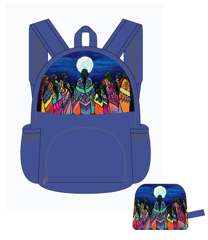 Foldable back pack featuring the artwork of Jackie Traverse indigenous art gift by Jackie Traverse Canada