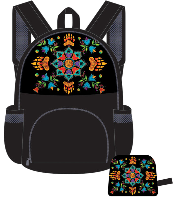 Foldable back pack featuring the artwork of Tracey Metallic indigenous art gift by Tracey Metallic Canada