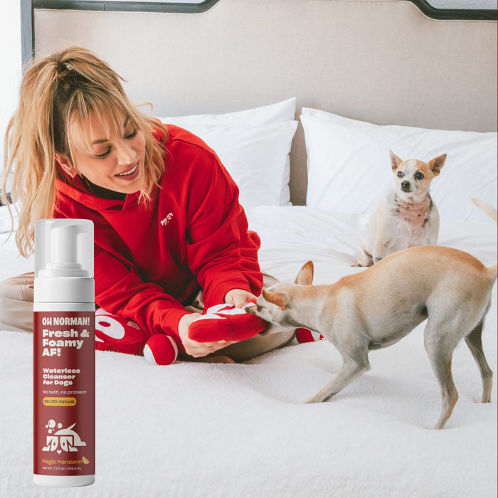 Kaley Cuoco in red sweater playing with a small dog on a bed next to a bottle of foaming product labeled 'Fresh & Foamy AF'