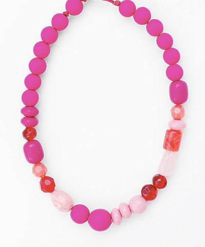Fuchsia Beads Wood & Stone Layer Necklace
