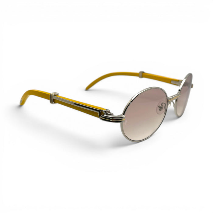 Giverny - 55-22 Mustard Wood Sunglasses w/ Oval Hennessy Lenses - Silver Frame (90s) C