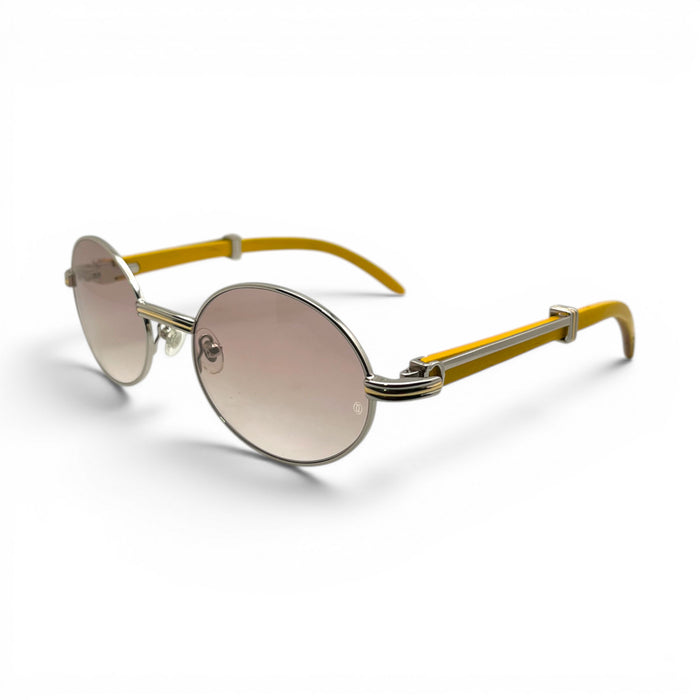 Giverny - 55-22 Mustard Wood Sunglasses w/ Oval Hennessy Lenses - Silver Frame (90s) C