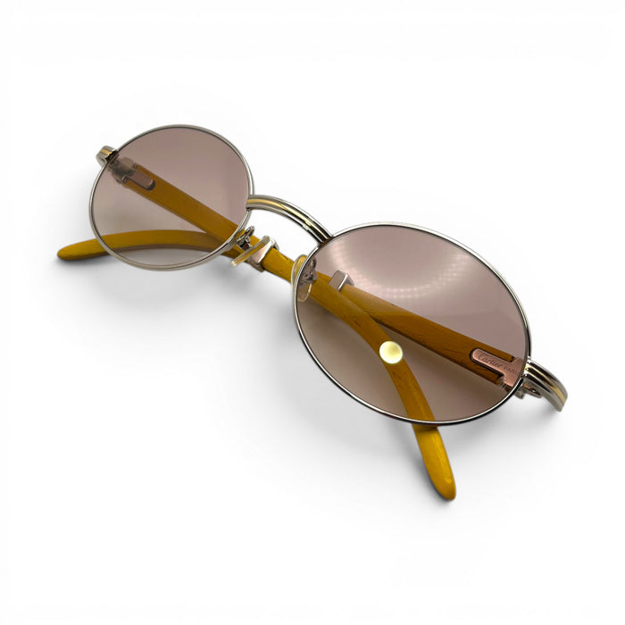 Giverny - 55-22 Mustard Wood Sunglasses w/ Oval Hennessy Lenses - Silver Frame (90s) C