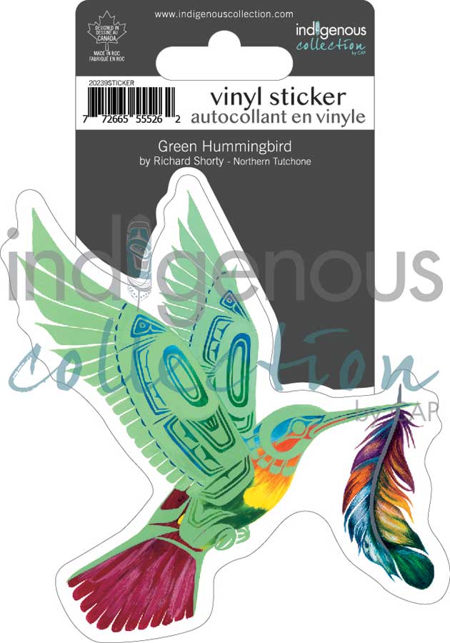 Green Hummingbird Large Vinyl sticker (4.5" x 4.5") by artist Richard Shorty indigenous art gift by Richard Shorty Canada